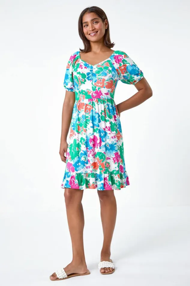 Blue Abstract Floral Ruched Frill Stretch Dress Women Roman Dresses