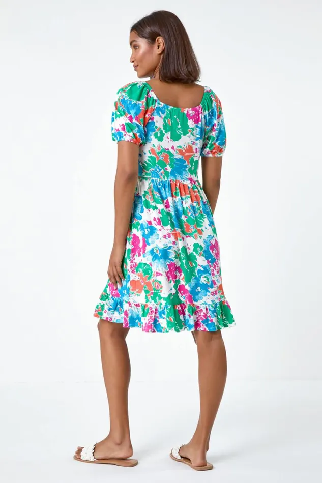 Blue Abstract Floral Ruched Frill Stretch Dress Women Roman Dresses