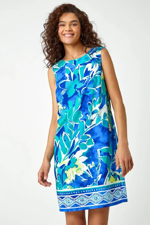 Blue Abstract Leaf Shift Dress Women Roman Dresses