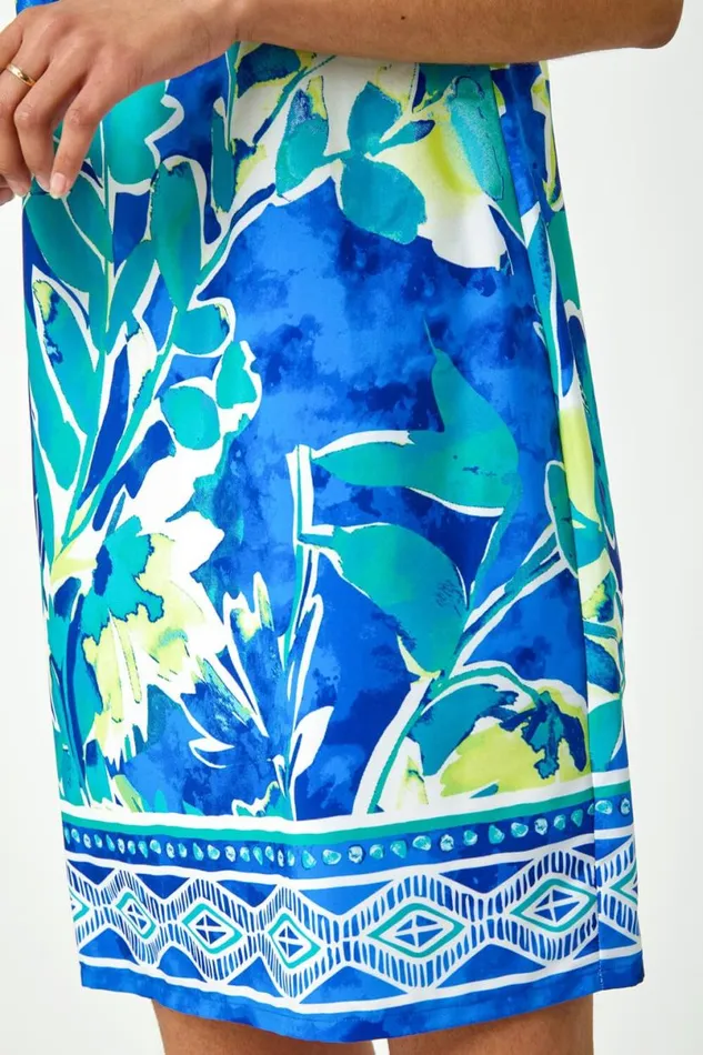 Blue Abstract Leaf Shift Dress Women Roman Dresses