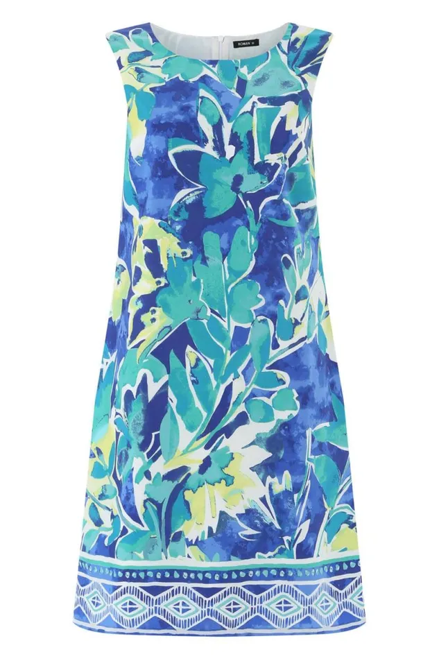 Blue Abstract Leaf Shift Dress Women Roman Dresses