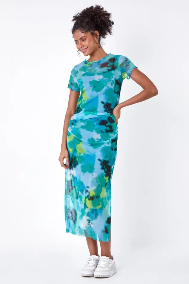 Blue Abstract Mesh Elastic Waist Midi Skirt Women Roman Skirts