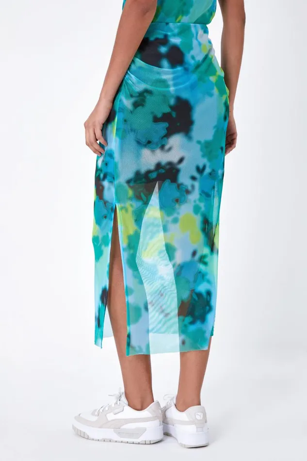 Blue Abstract Mesh Elastic Waist Midi Skirt Women Roman Skirts