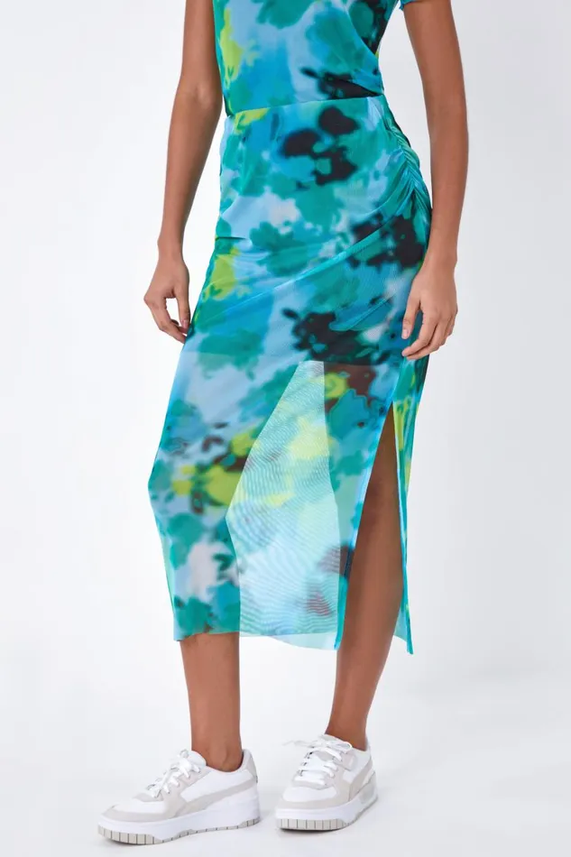 Blue Abstract Mesh Elastic Waist Midi Skirt Women Roman Skirts