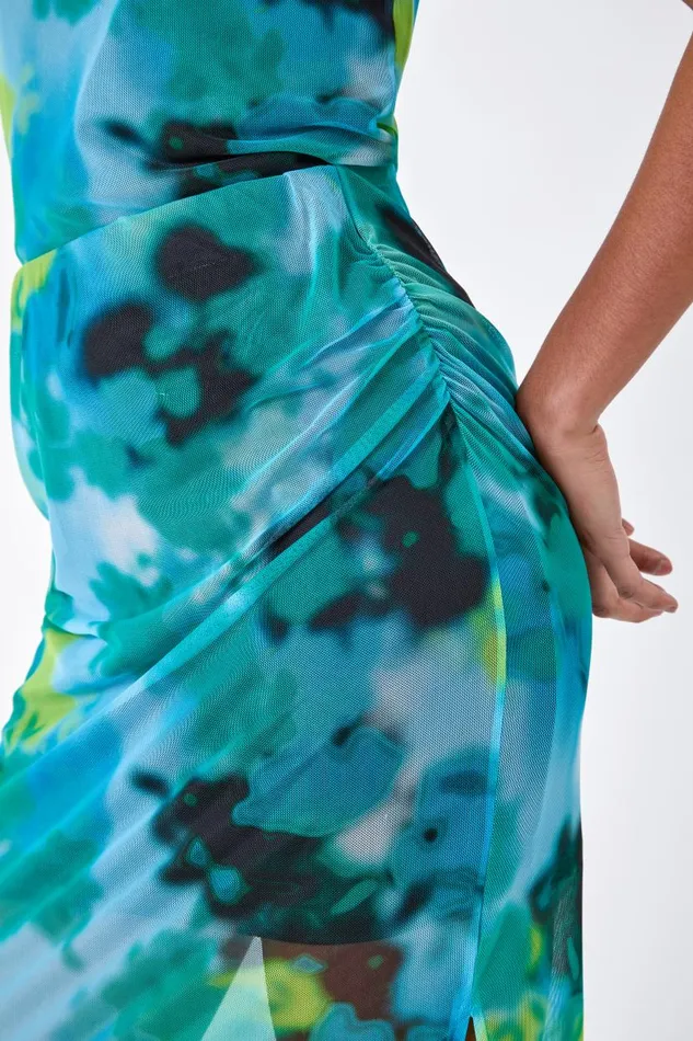Blue Abstract Mesh Elastic Waist Midi Skirt Women Roman Skirts