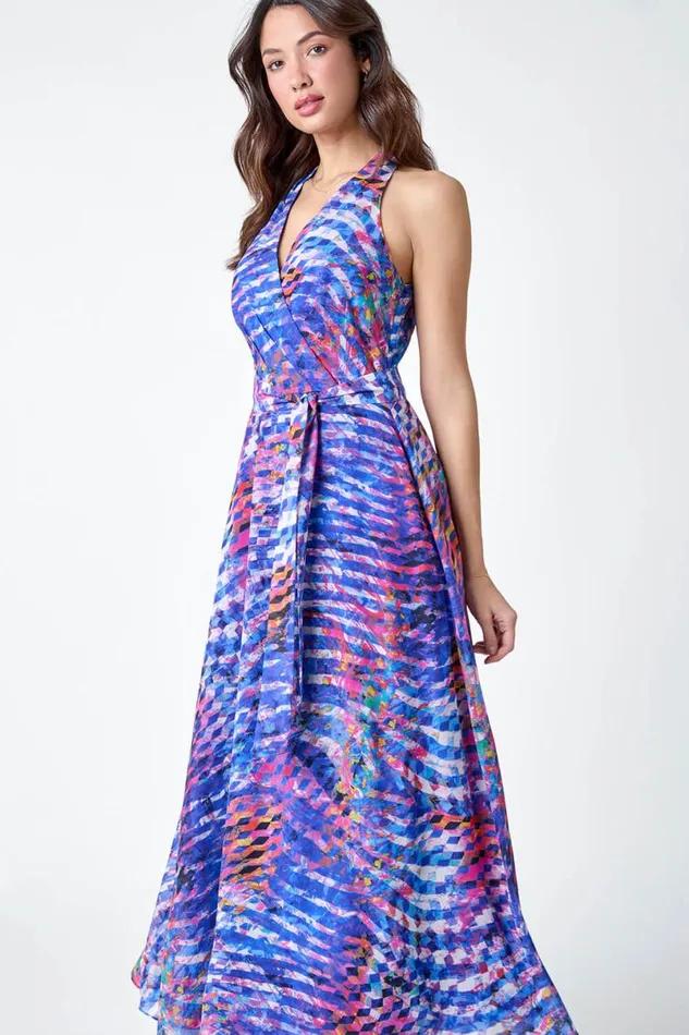 Blue Abstract Print Halterneck Maxi Dress Women Roman Dresses