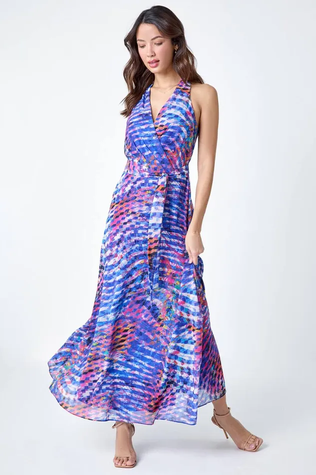Blue Abstract Print Halterneck Maxi Dress Women Roman Dresses