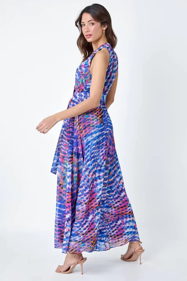 Blue Abstract Print Halterneck Maxi Dress Women Roman Dresses