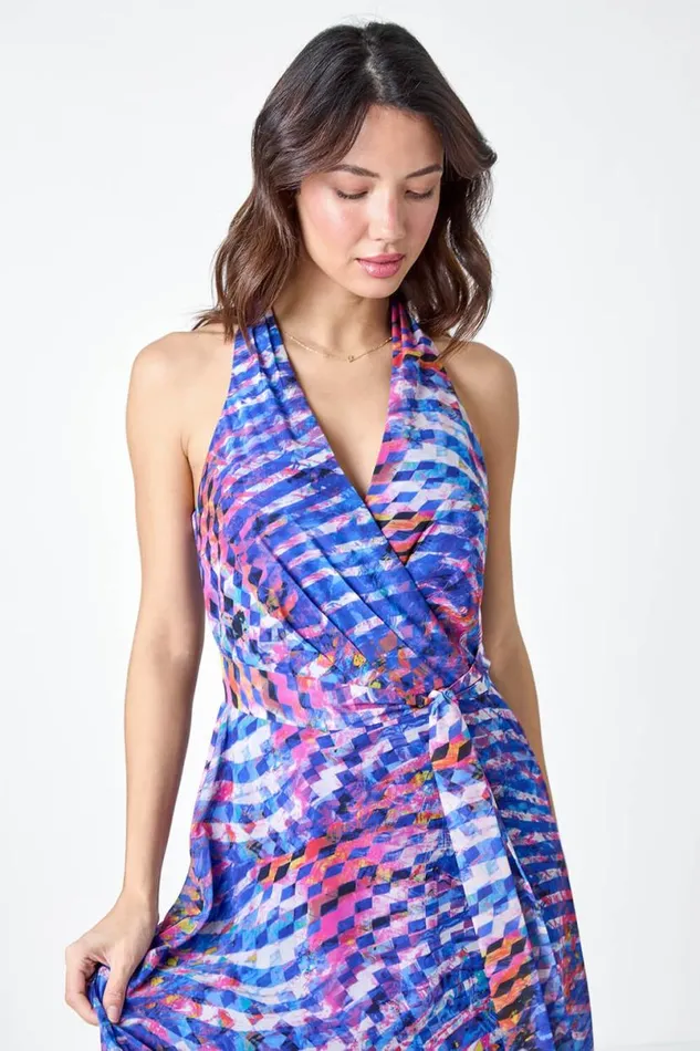 Blue Abstract Print Halterneck Maxi Dress Women Roman Dresses