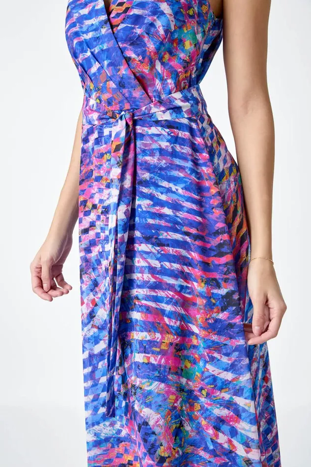 Blue Abstract Print Halterneck Maxi Dress Women Roman Dresses