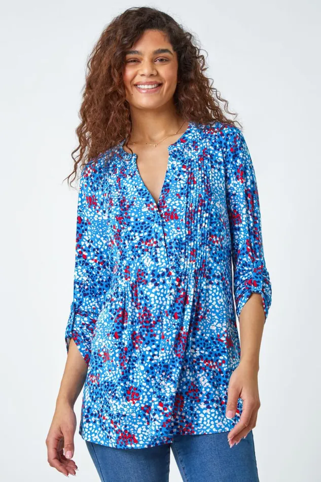 Blue Abstract Spot VNeck Pintuck Stretch Top Women Roman Tops