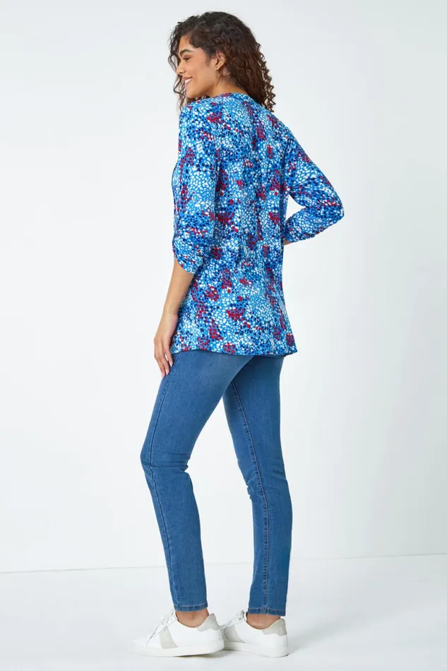 Blue Abstract Spot VNeck Pintuck Stretch Top Women Roman Tops