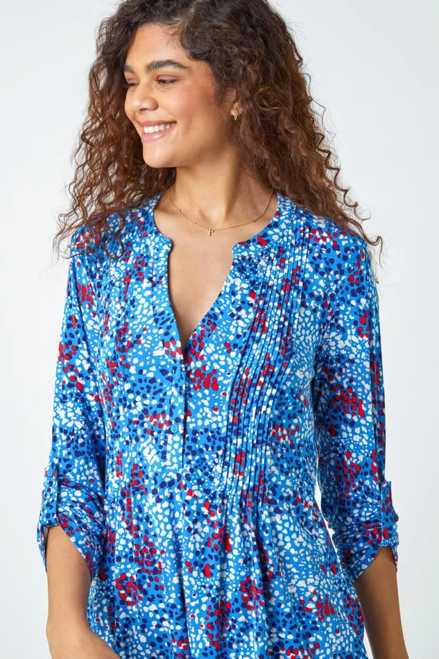 Blue Abstract Spot VNeck Pintuck Stretch Top Women Roman Tops
