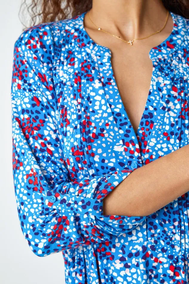 Blue Abstract Spot VNeck Pintuck Stretch Top Women Roman Tops
