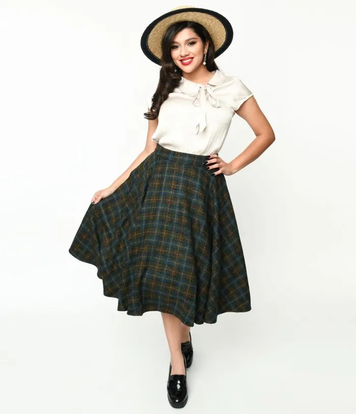 Blue and Green Check Plaid Swing Skirt ClothingPlus Unique Vintage Skirts