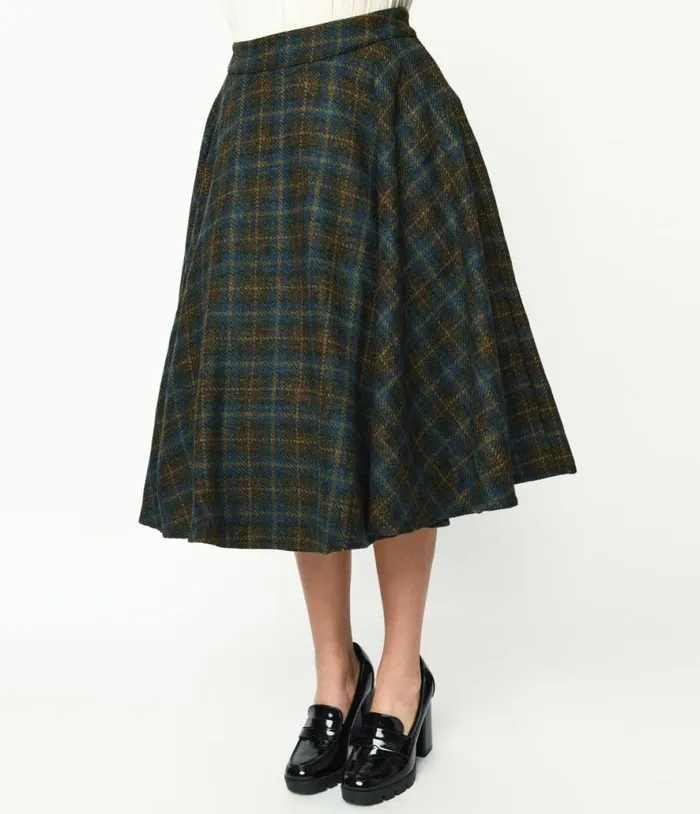 Blue and Green Check Plaid Swing Skirt ClothingPlus Unique Vintage Skirts