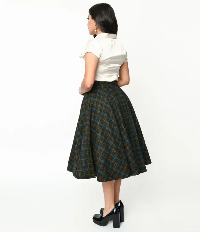 Blue and Green Check Plaid Swing Skirt ClothingPlus Unique Vintage Skirts