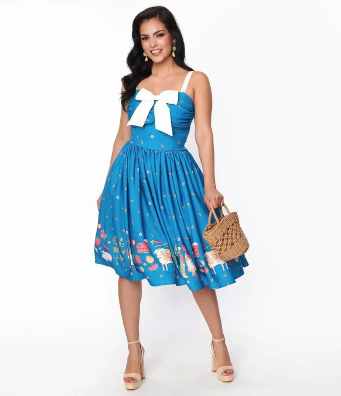Blue and White Farm Border Golightly Swing Dress Dresses Unique Vintage Pocket Dresses