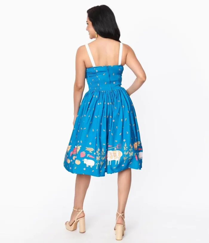 Blue and White Farm Border Golightly Swing Dress Dresses Unique Vintage Pocket Dresses