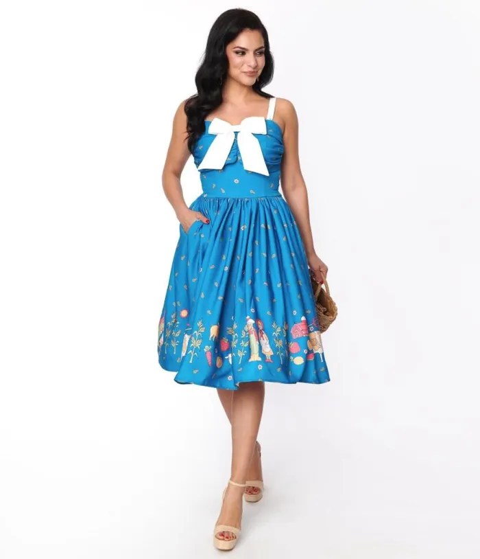 Blue and White Farm Border Golightly Swing Dress Dresses Unique Vintage Pocket Dresses
