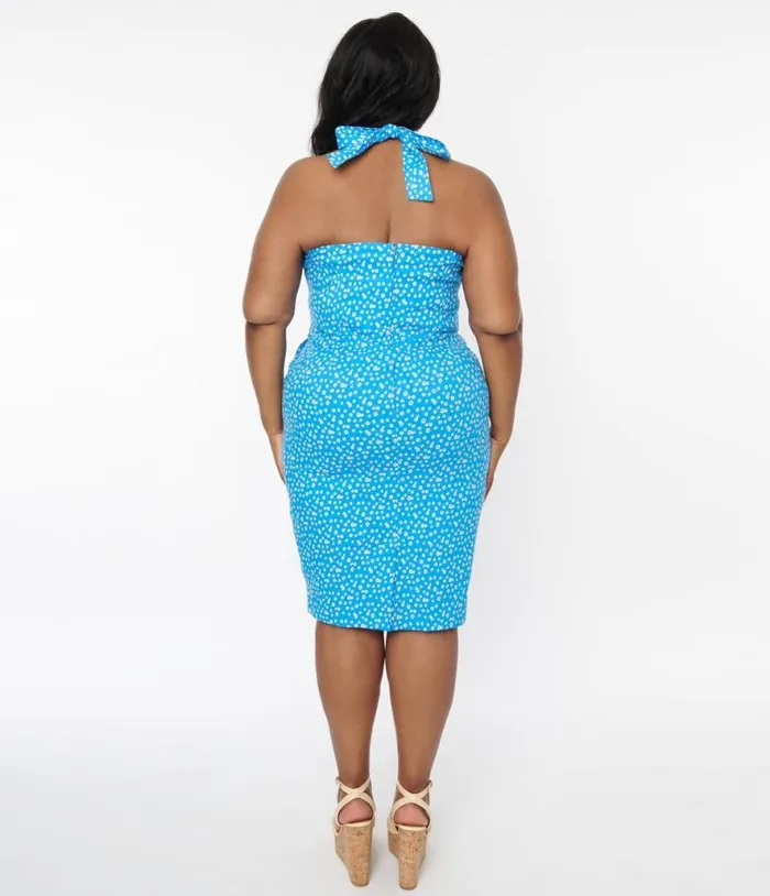 Blue and White Floral Wiggle Dress DressesPlus Unique Vintage Pocket Dresses