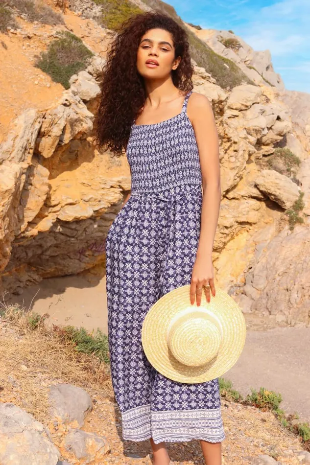 Blue Border Print Culotte Jumpsuit Women Roman Dresses
