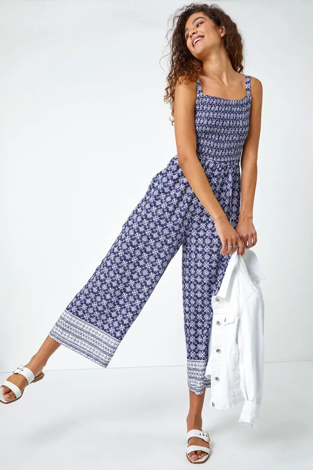 Blue Border Print Culotte Jumpsuit Women Roman Dresses