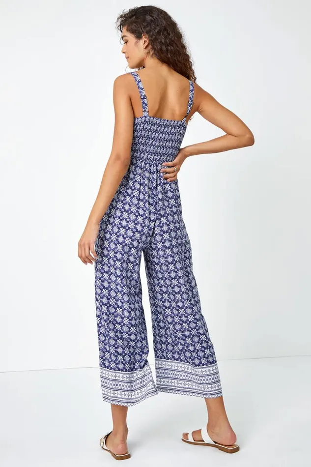 Blue Border Print Culotte Jumpsuit Women Roman Dresses