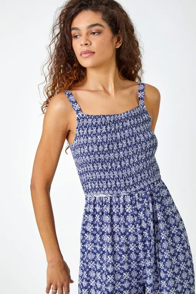 Blue Border Print Culotte Jumpsuit Women Roman Dresses