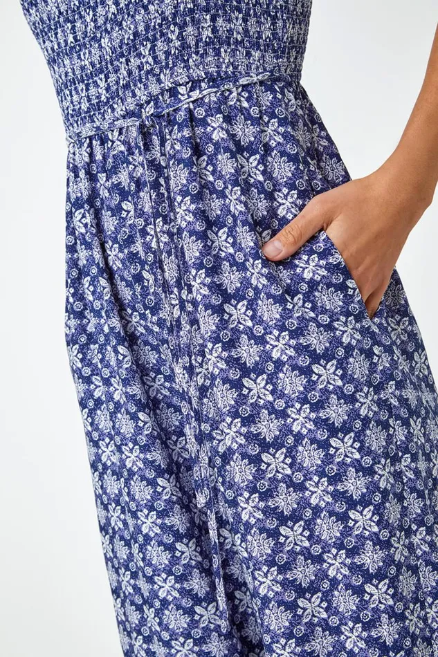 Blue Border Print Culotte Jumpsuit Women Roman Dresses