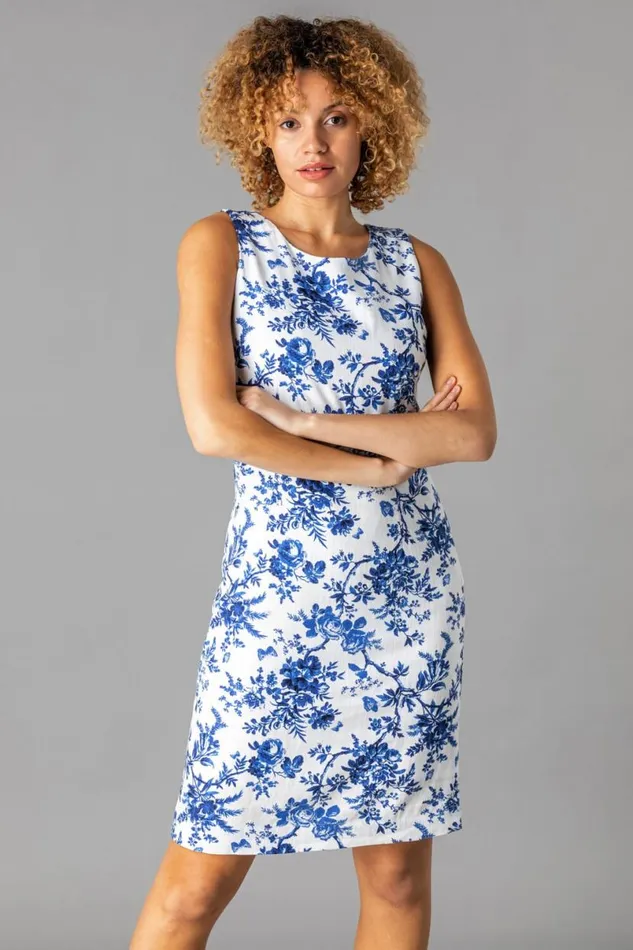 Blue Button Back Printed Shift Dress Women Roman Dresses