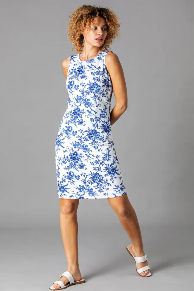 Blue Button Back Printed Shift Dress Women Roman Dresses