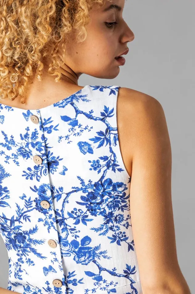 Blue Button Back Printed Shift Dress Women Roman Dresses