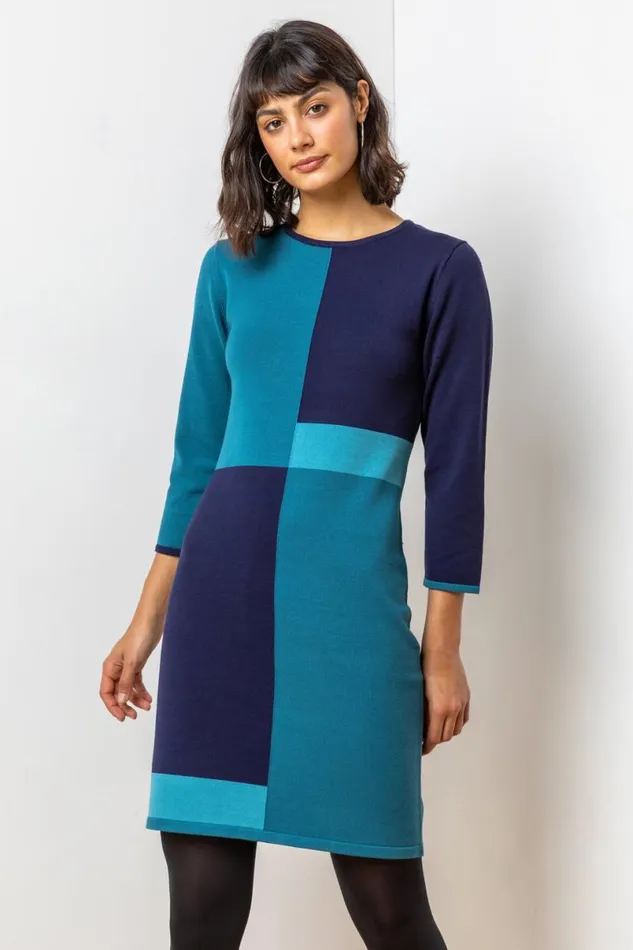 Blue Colour Block Knitted Dress Women Roman Dresses
