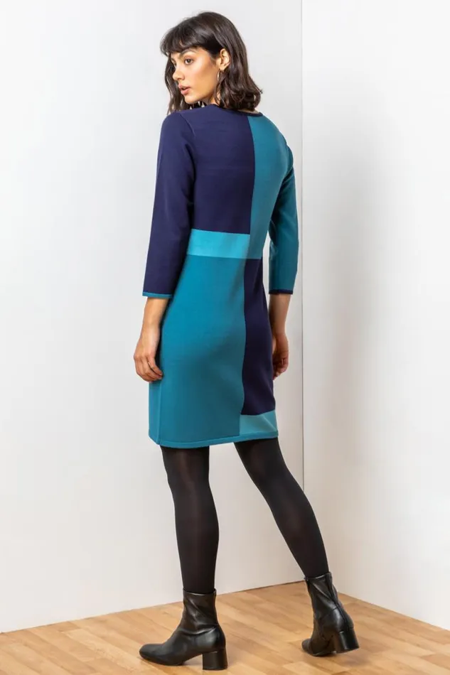 Blue Colour Block Knitted Dress Women Roman Dresses
