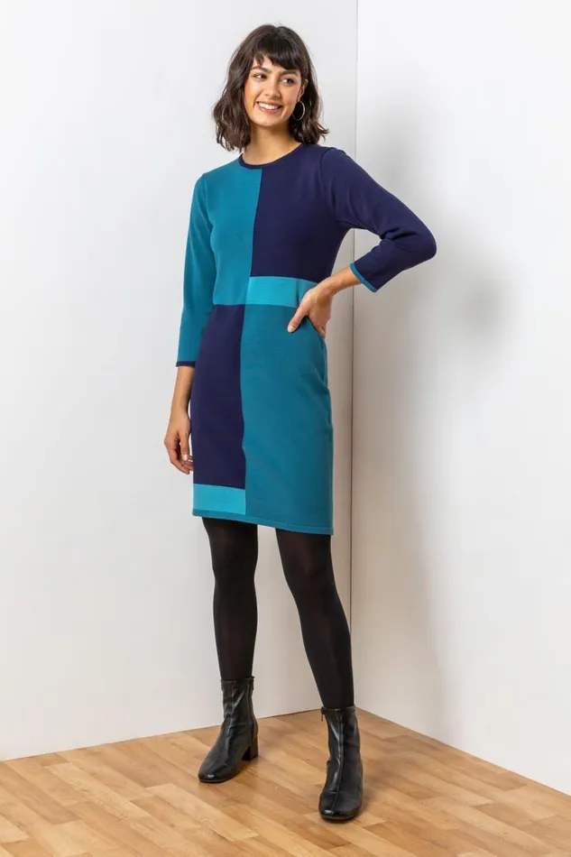 Blue Colour Block Knitted Dress Women Roman Dresses