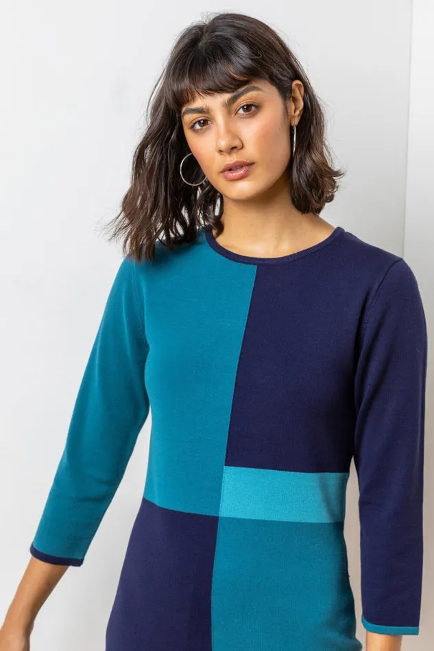 Blue Colour Block Knitted Dress Women Roman Dresses