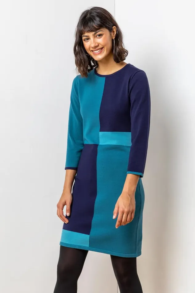 Blue Colour Block Knitted Dress Women Roman Dresses