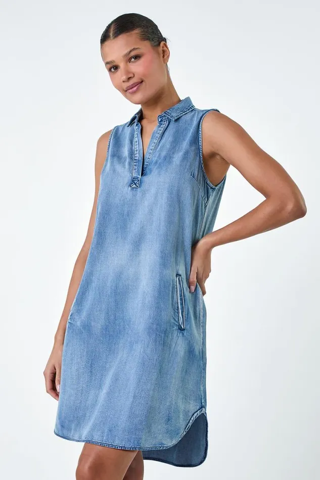 Blue Cotton Denim Pocket Dress Women Roman Dresses