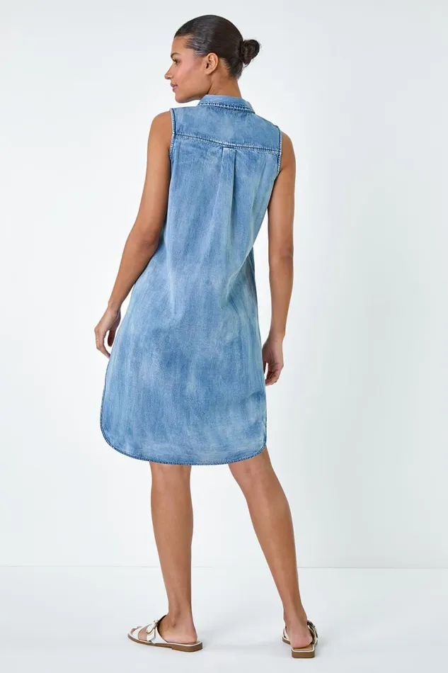 Blue Cotton Denim Pocket Dress Women Roman Dresses