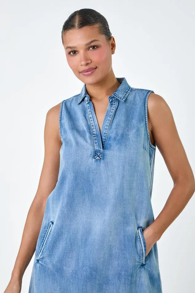Blue Cotton Denim Pocket Dress Women Roman Dresses