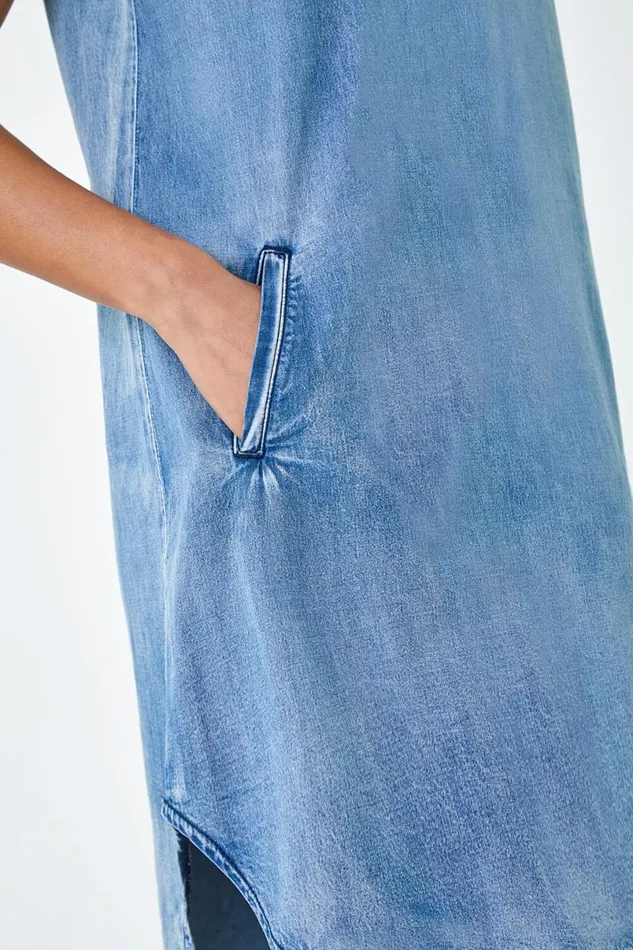 Blue Cotton Denim Pocket Dress Women Roman Dresses