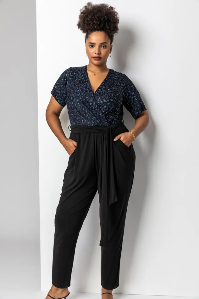 Blue Curve Glitter Leopard Print Wrap Jumpsuit Women Roman Dresses