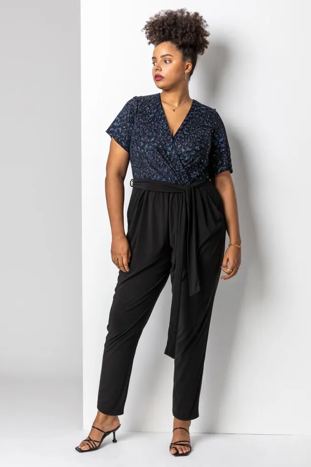 Blue Curve Glitter Leopard Print Wrap Jumpsuit Women Roman Dresses