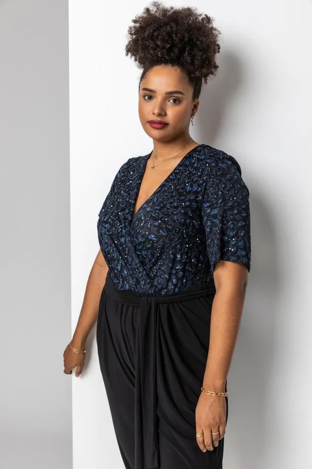 Blue Curve Glitter Leopard Print Wrap Jumpsuit Women Roman Dresses