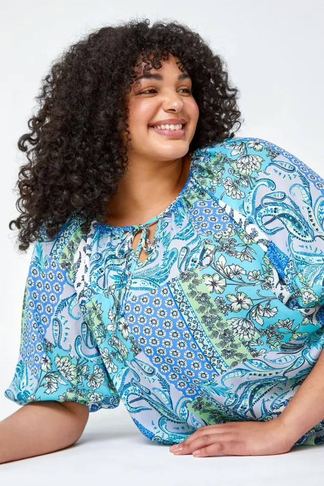 Blue Curve Paisley Print Tie Detail Tunic Top Women Roman Tops