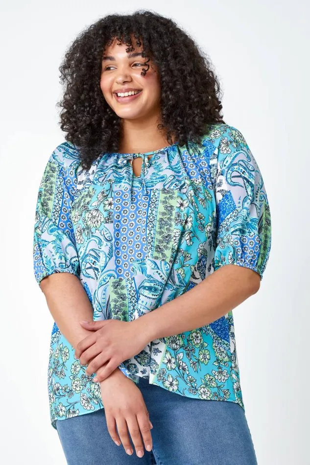 Blue Curve Paisley Print Tie Detail Tunic Top Women Roman Tops