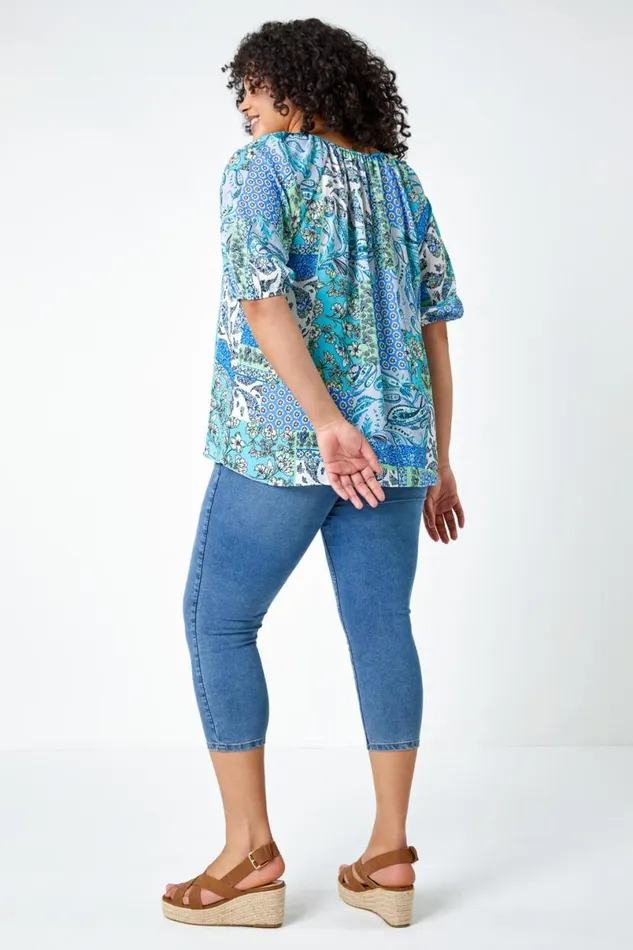 Blue Curve Paisley Print Tie Detail Tunic Top Women Roman Tops