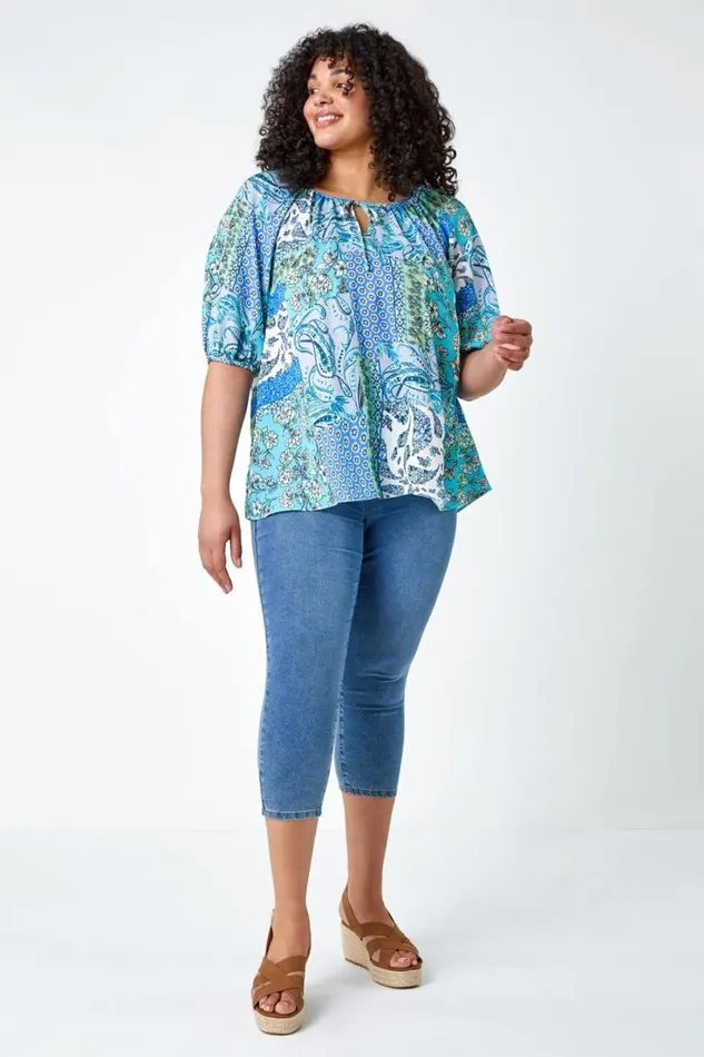 Blue Curve Paisley Print Tie Detail Tunic Top Women Roman Tops