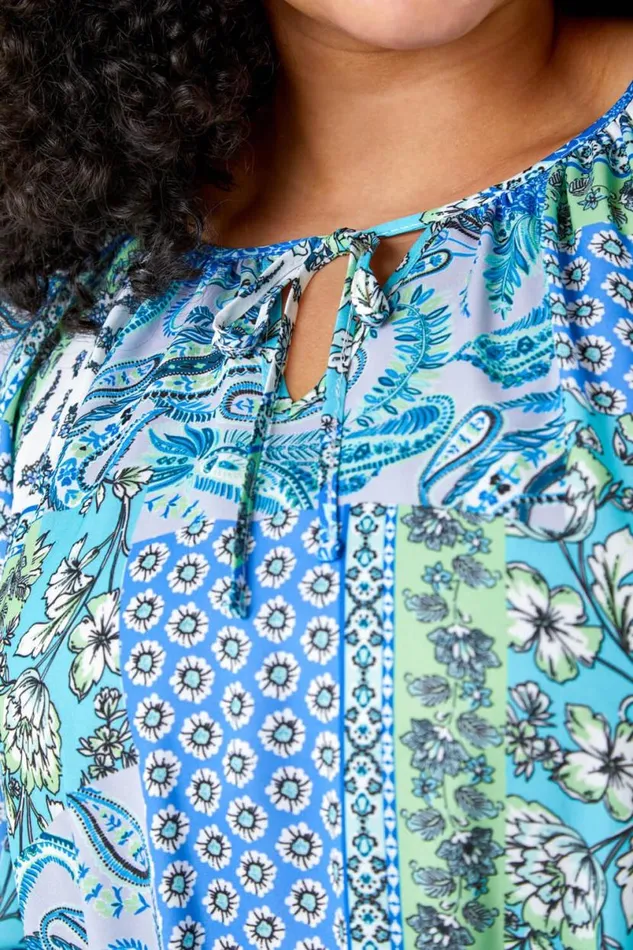 Blue Curve Paisley Print Tie Detail Tunic Top Women Roman Tops